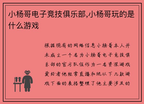 小杨哥电子竞技俱乐部,小杨哥玩的是什么游戏