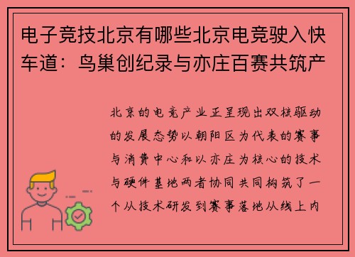 电子竞技北京有哪些北京电竞驶入快车道：鸟巢创纪录与亦庄百赛共筑产业新高地